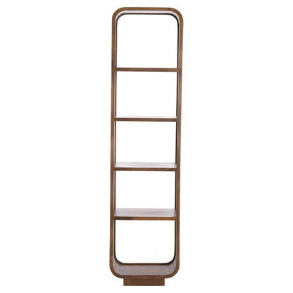 Hohes Holzregal in geöltem Braun mit offenen Ablagen