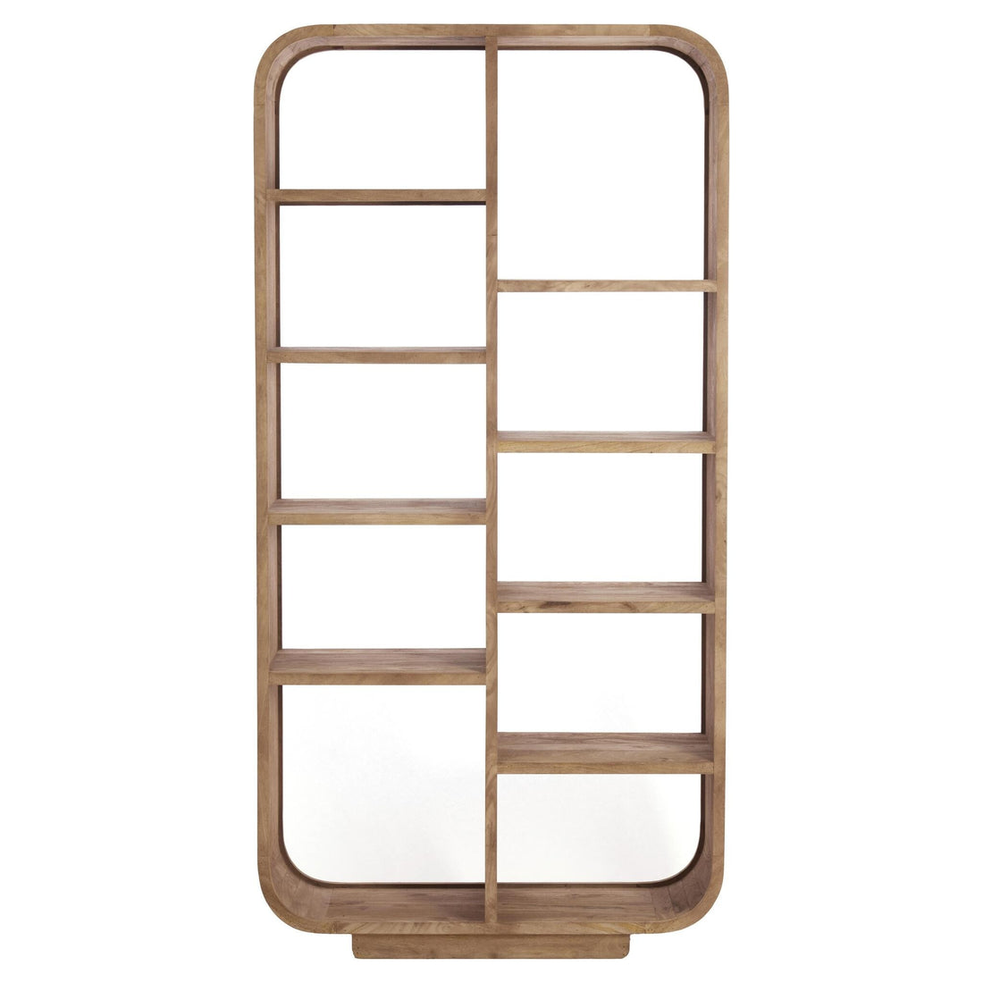 Breites Hochregal aus grau-braunem Holz mit offenen Fächern