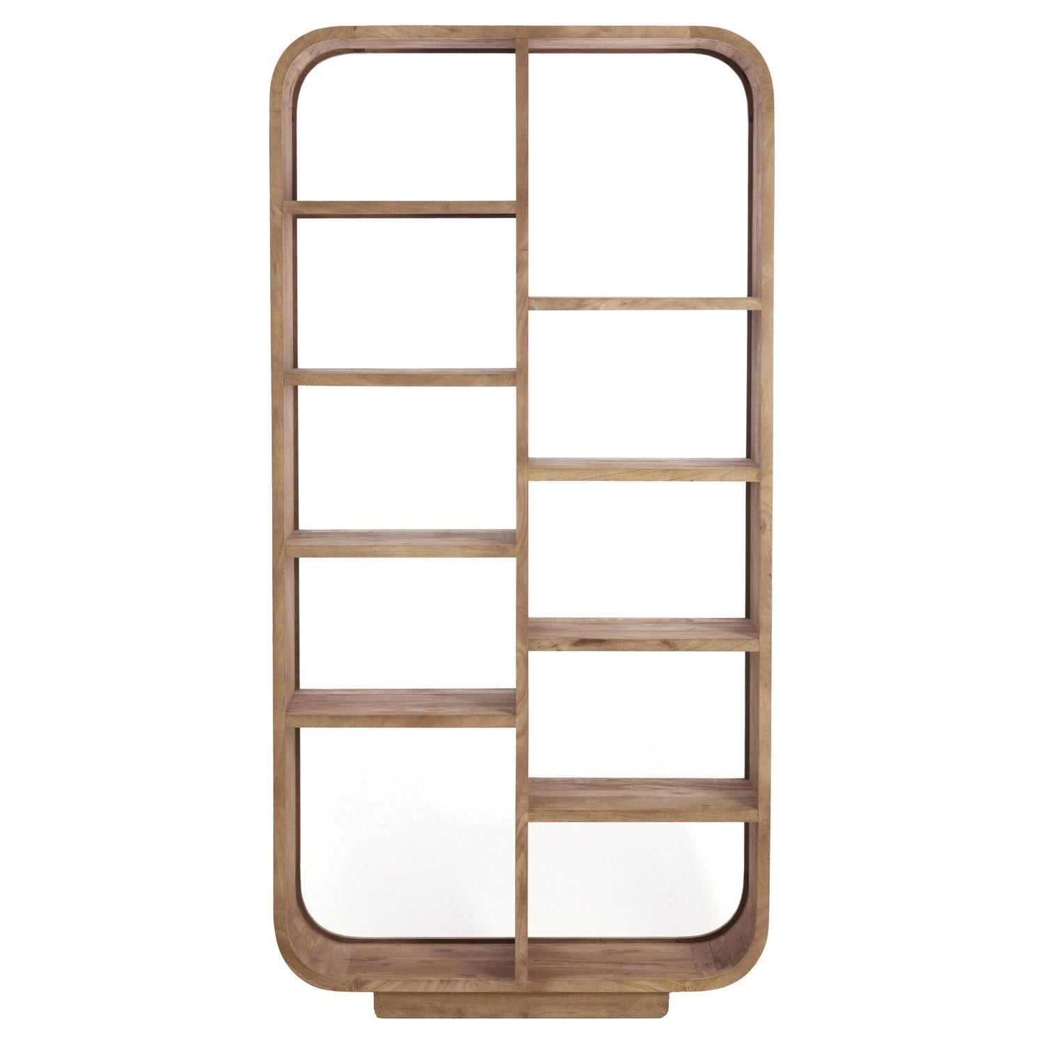 Breites Hochregal aus grau-braunem Holz mit offenen Fächern