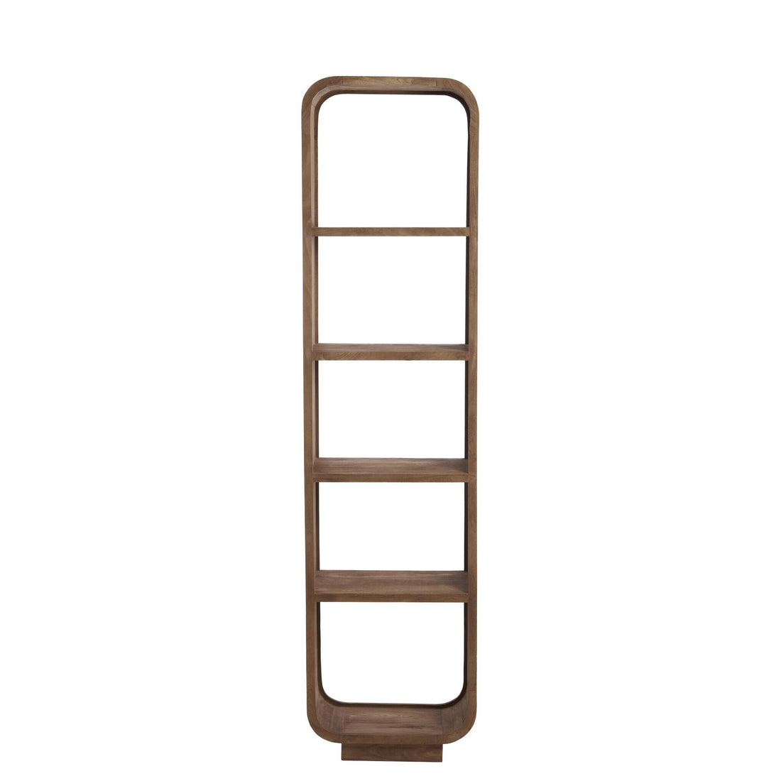 Schlankes Hochregal aus grau-braunem Holz mit offenen Fächern