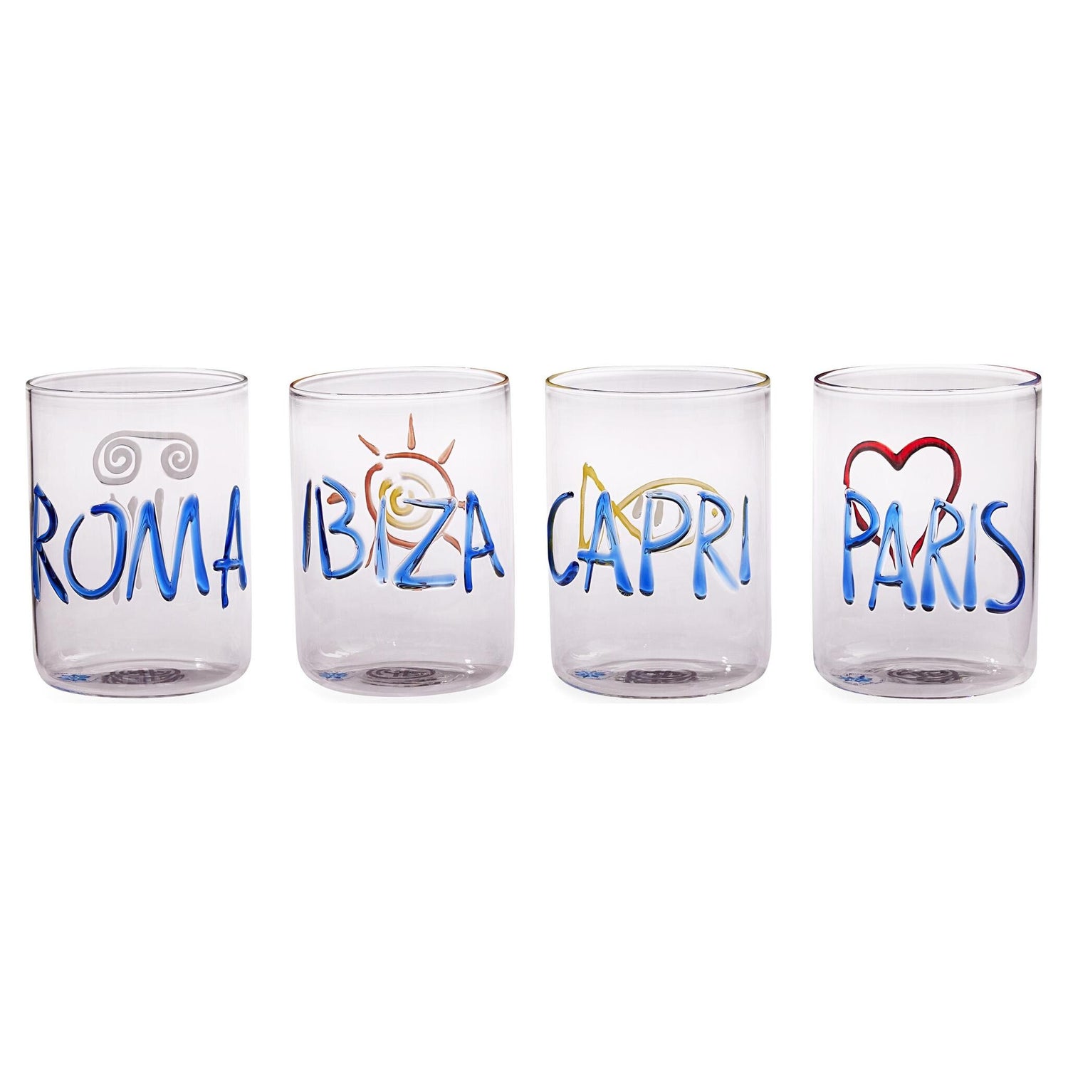 Designer-Gläserset aus transparentem Glas mit bunten Motiven