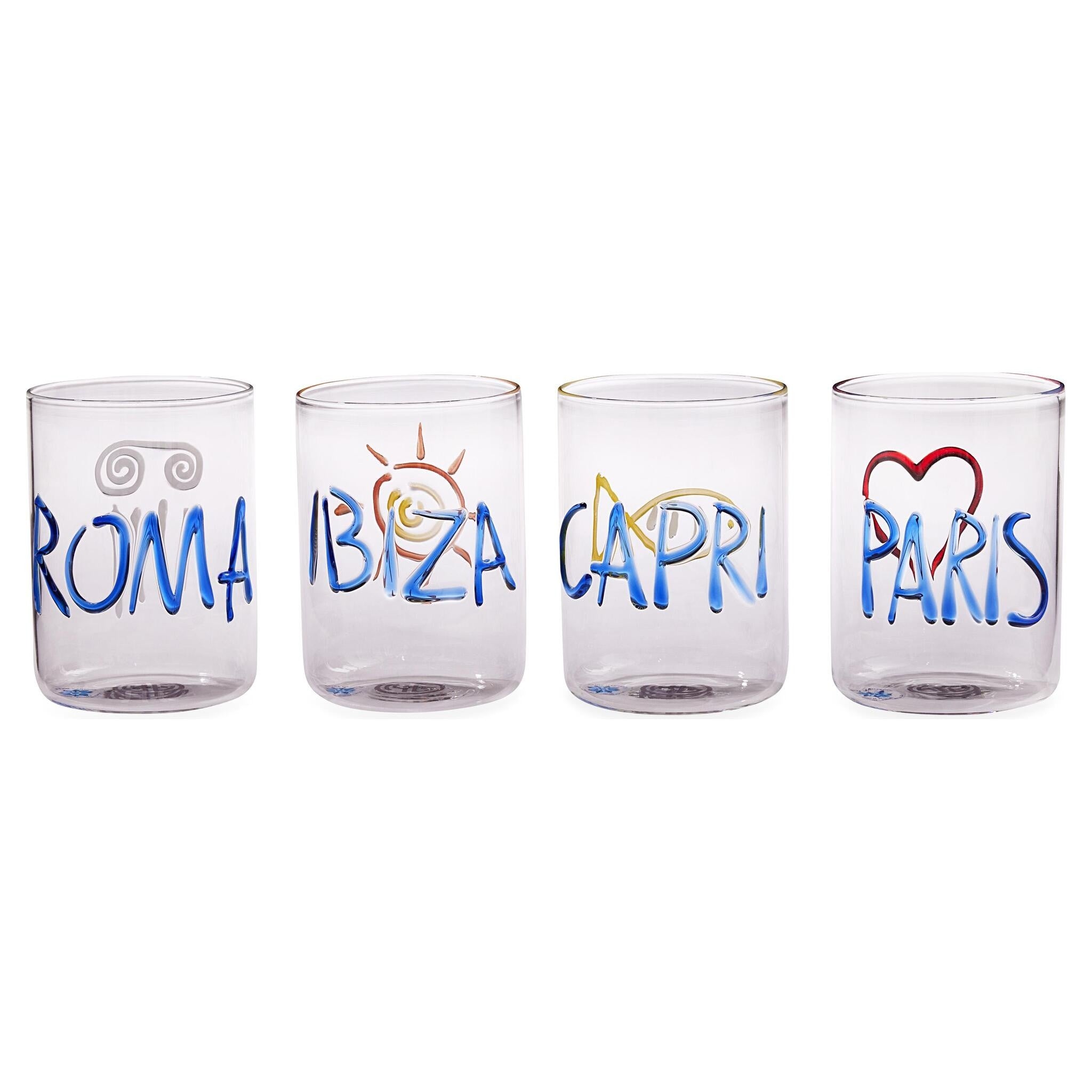 Designer-Gläserset aus transparentem Glas mit bunten Motiven
