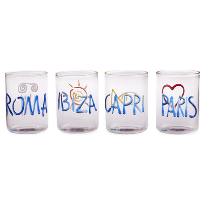 Designer-Gläserset aus transparentem Glas mit bunten Motiven