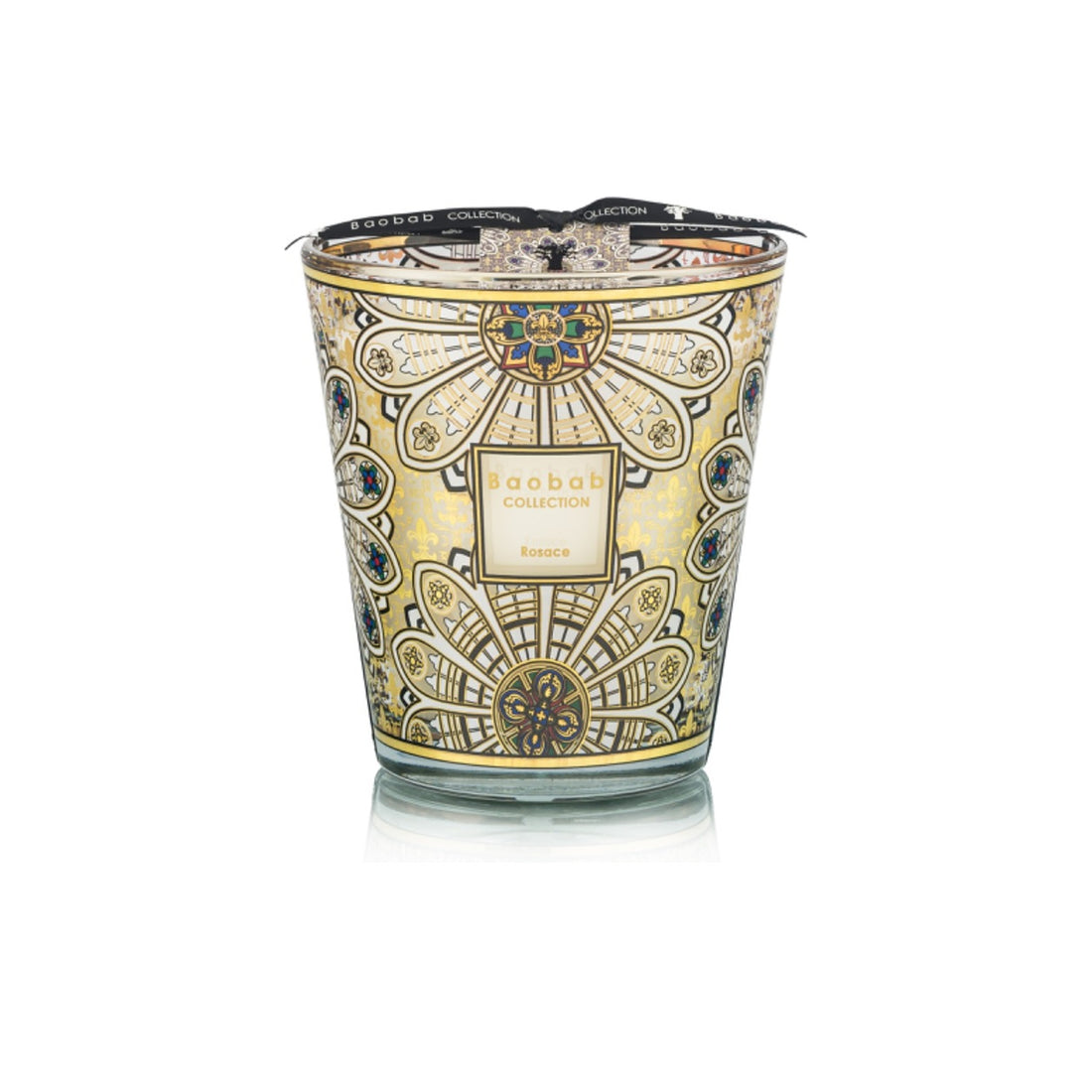 Baobab Collection Duftkerze Rosace Max 16 im verzierten Glas mit Goldornamenten – Duft Tanne, Holzkohlenfeuer, Vetiver