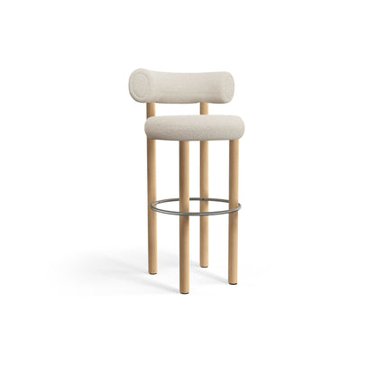 Barhocker Fat 75cm Bar Stool – Natural Wood &amp; Bouclé Bright White von Tom Dixon