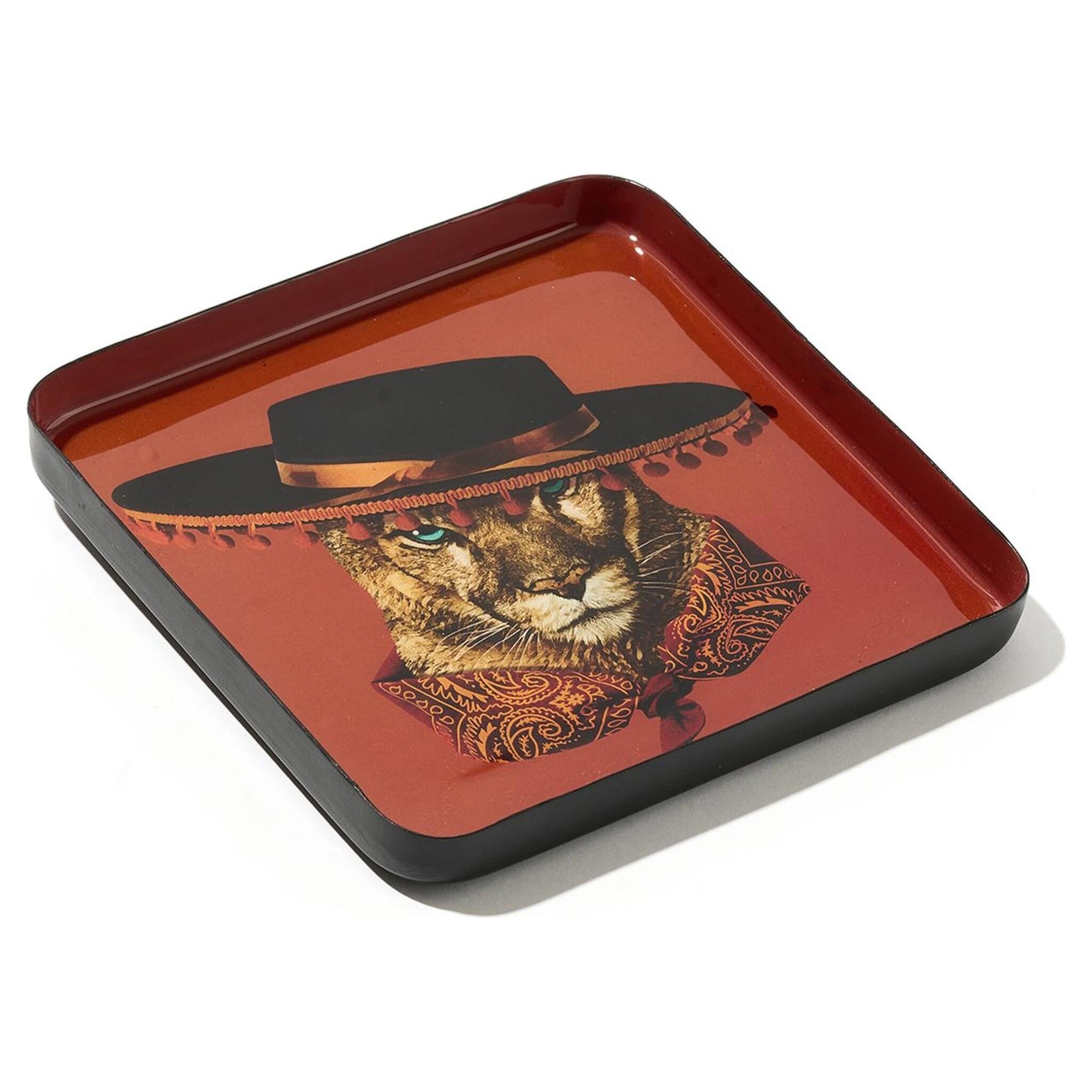 Quadratisches Ablagetablett mit stilisiertem Panther und Hut