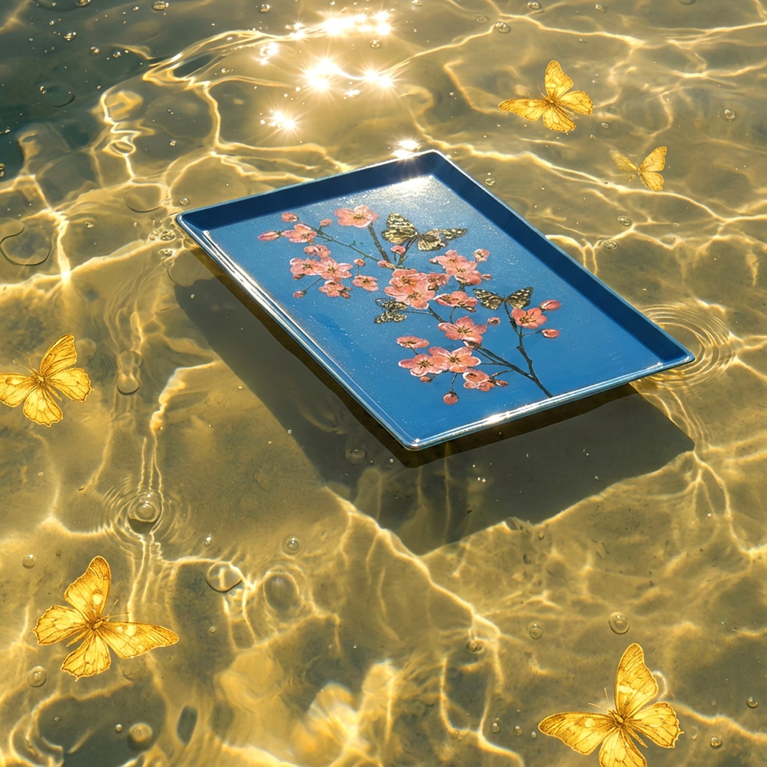 Dekoratives Metalltablett mit floralem Motiv auf blauem Hintergrund