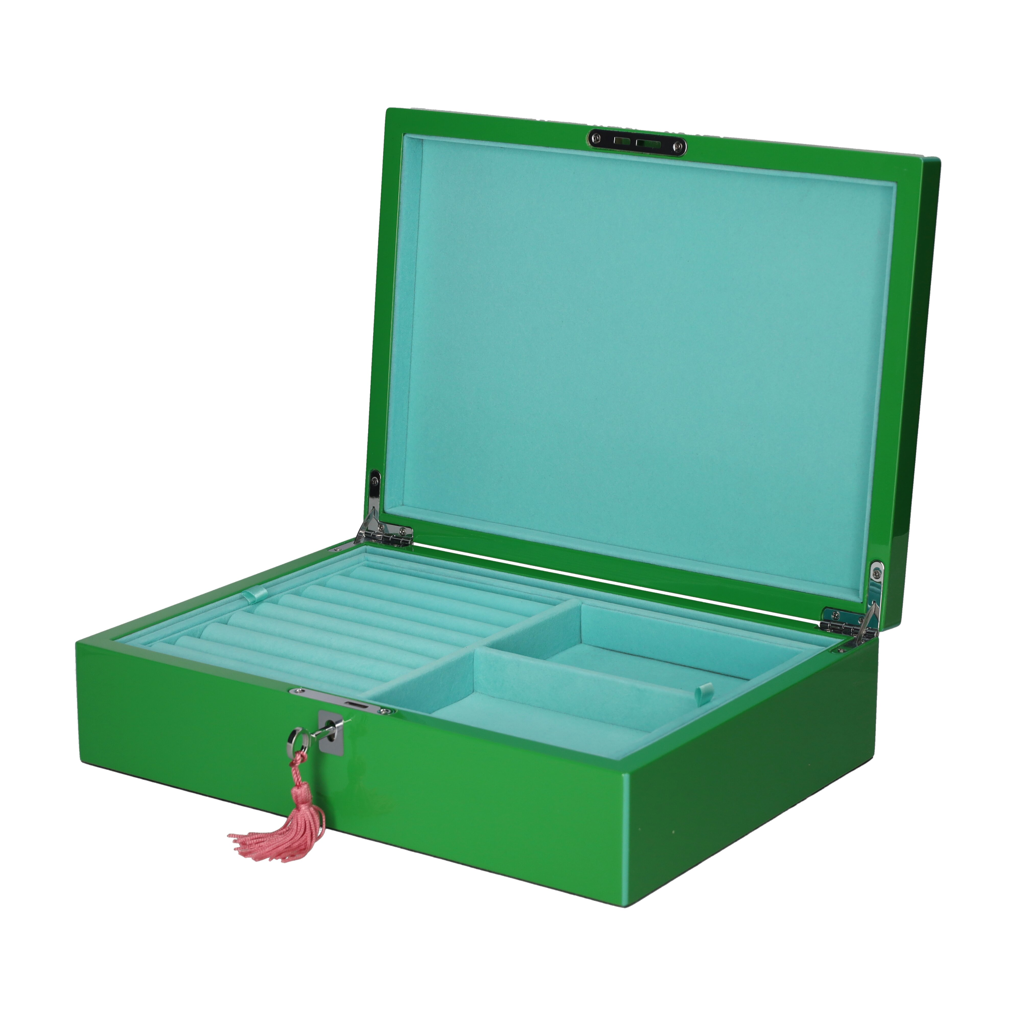 Flache Schmuckbox TANG in Grün mit rosafarbener Quaste von GiftCompany