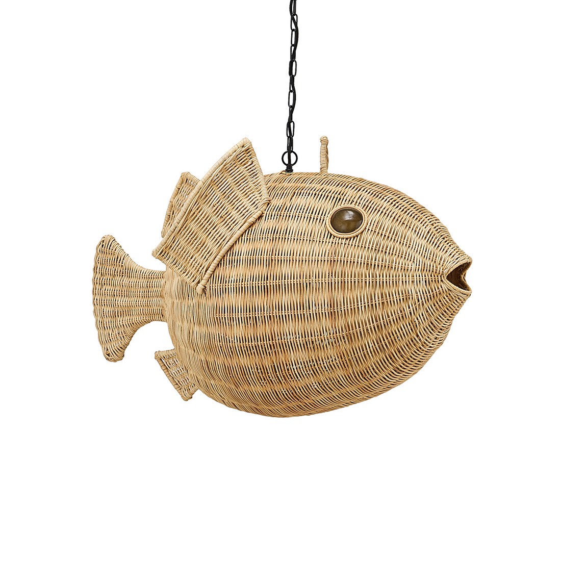 Hängeleuchte aus Rattan von Jonathan Adler in Fischform.