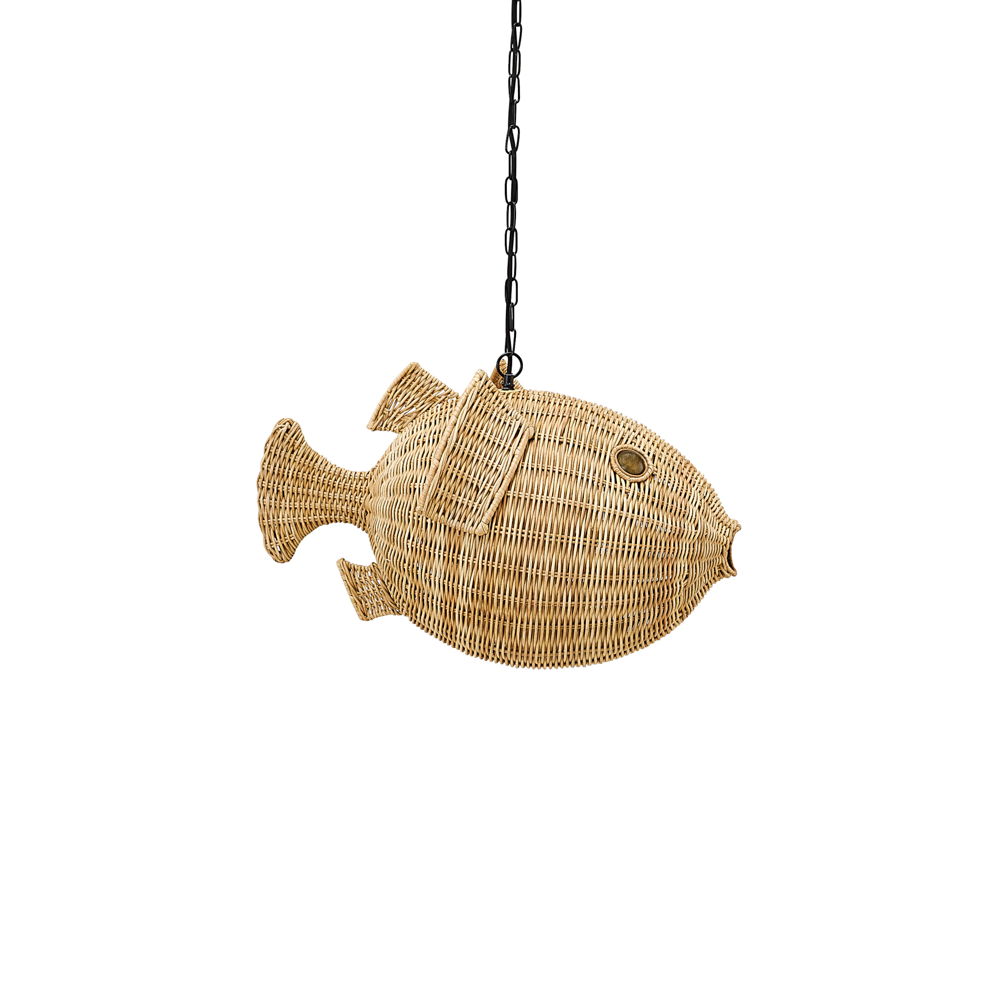 Hängeleuchte aus Rattan von Jonathan Adler in Fischform.