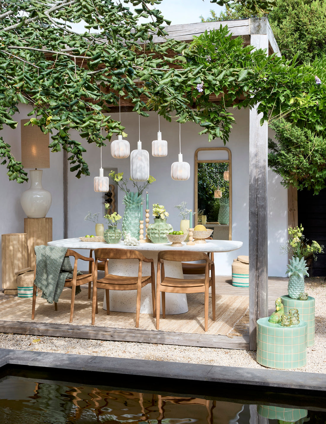 Tischleuchte NANA creme mit Stoffschirm sandfarben rund H125 cm