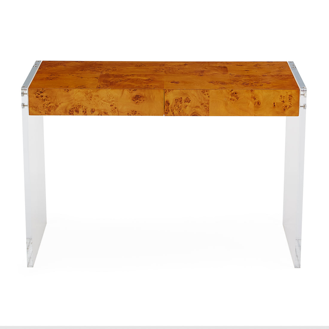 Moderner Designschreibtisch mit honigfarbener Maserung und Edelstahlakzenten