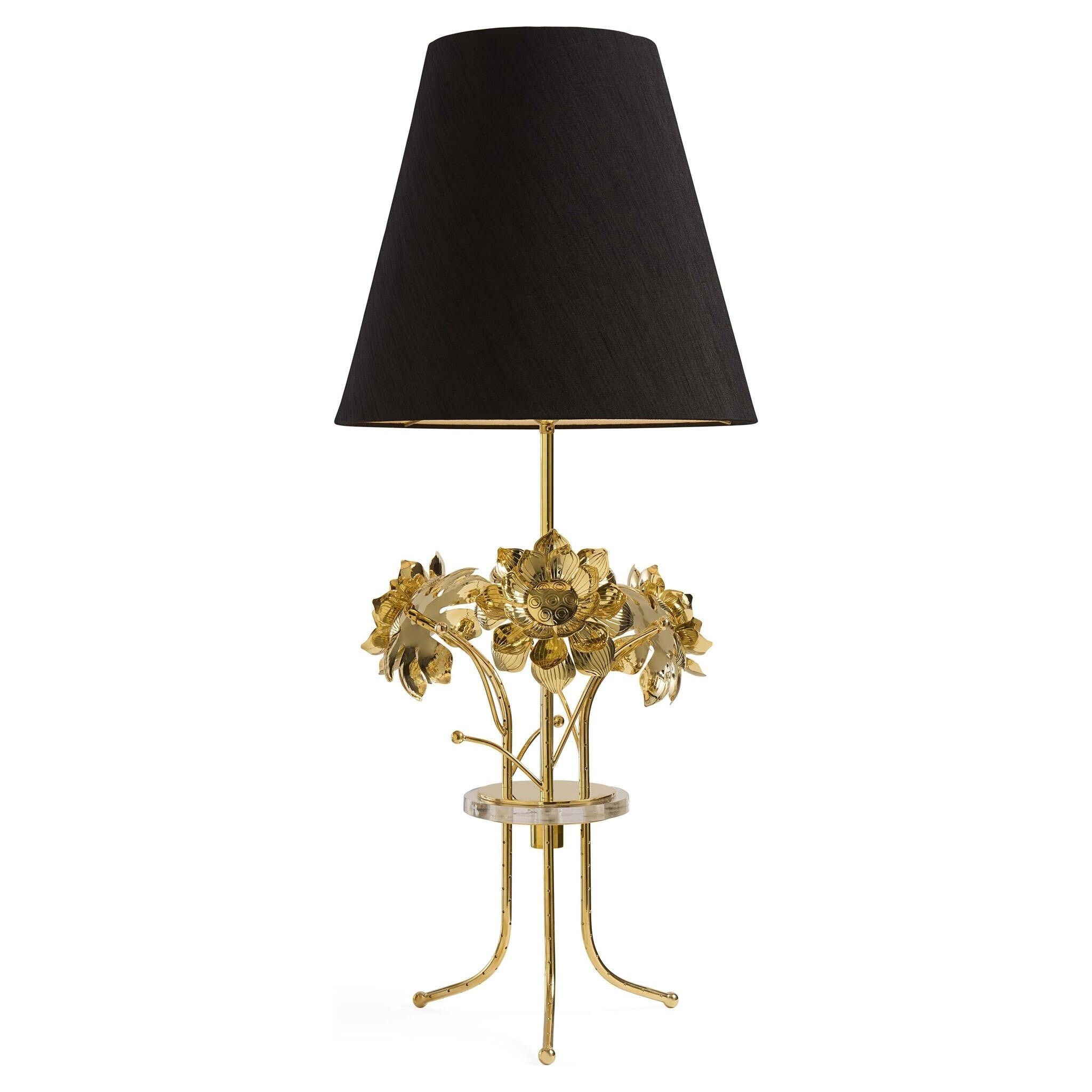 Brass Flower Tischlampe von Jonathan Adler mit schwarzem Schirm