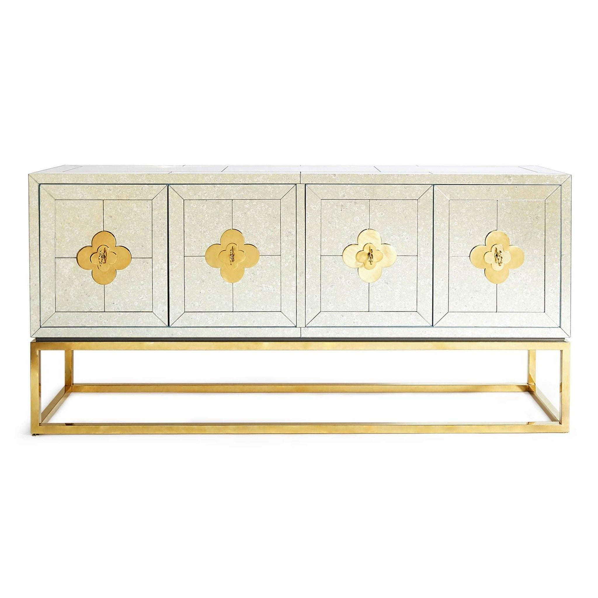 DELPHINE CREDENZA von Jonathan Adler mit antikisierter Spiegeloberfläche und Messinggestell