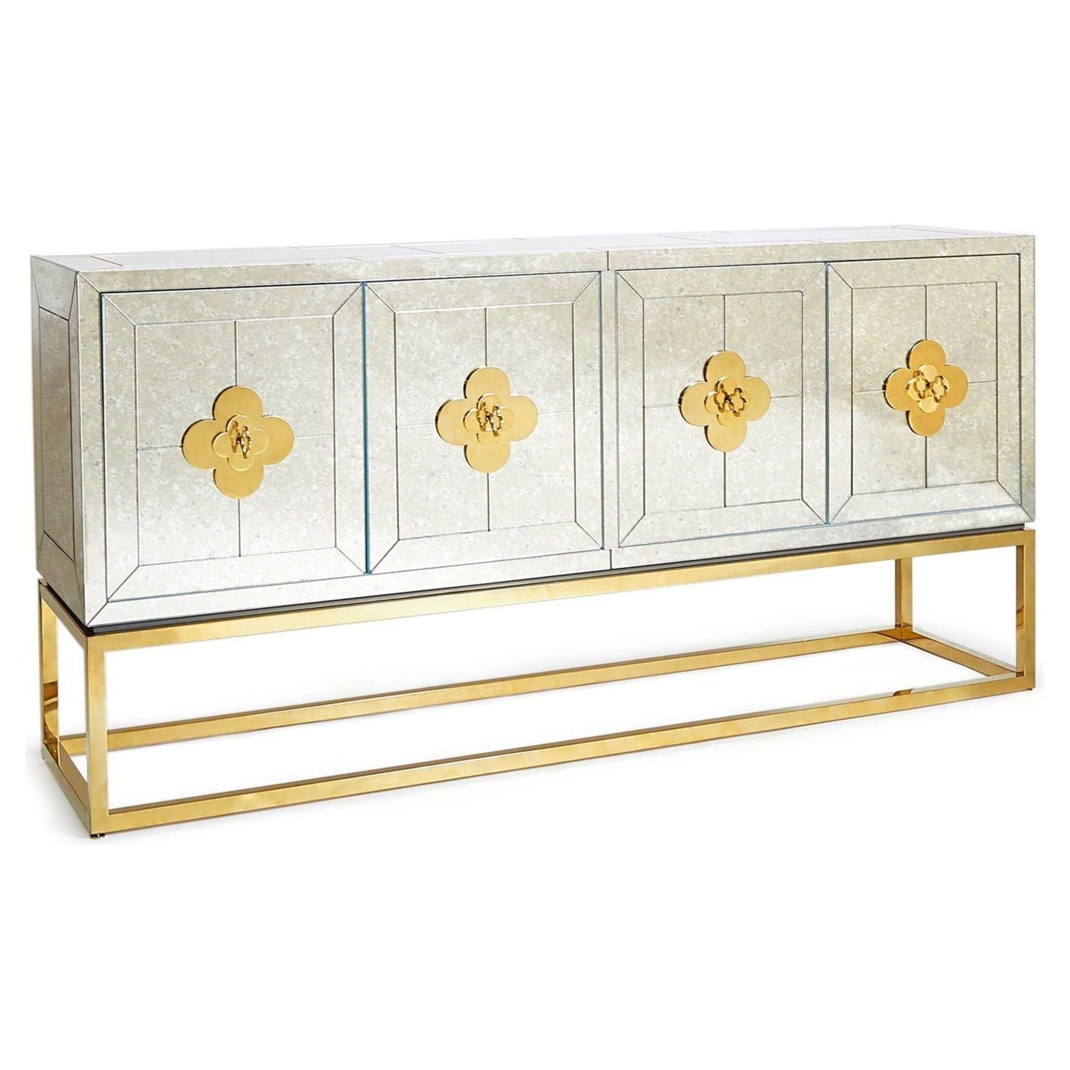 Spiegelndes Sideboard mit goldenen Quaterfoil-Griffen und blauem Innenraum