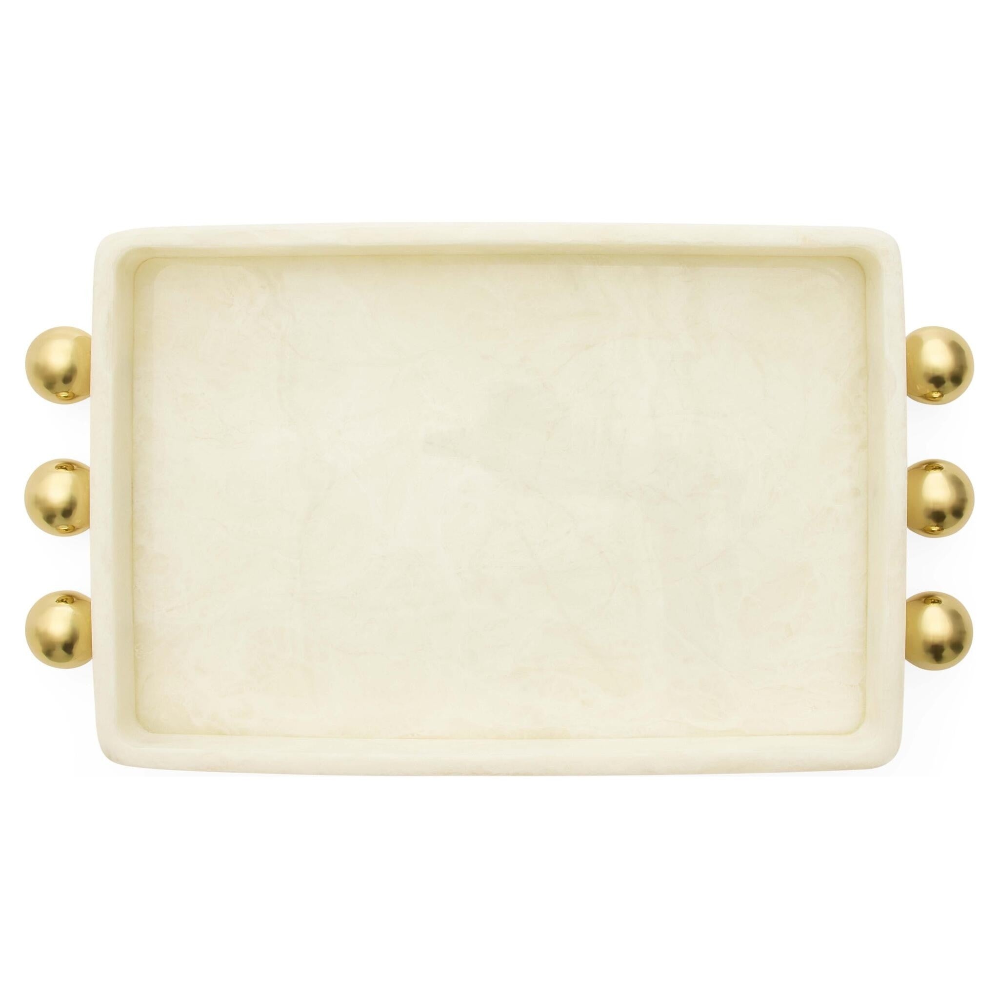 Fontana Tablett – weiß marmoriertes Tablett mit drei goldenen Kugelgriffen