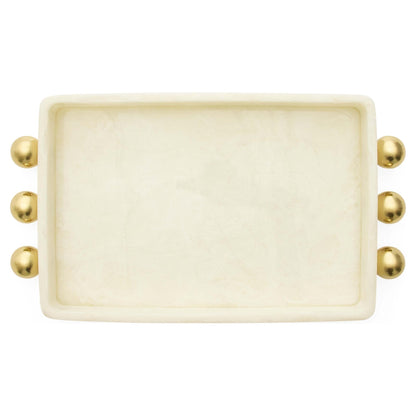 Fontana Tablett – weiß marmoriertes Tablett mit drei goldenen Kugelgriffen