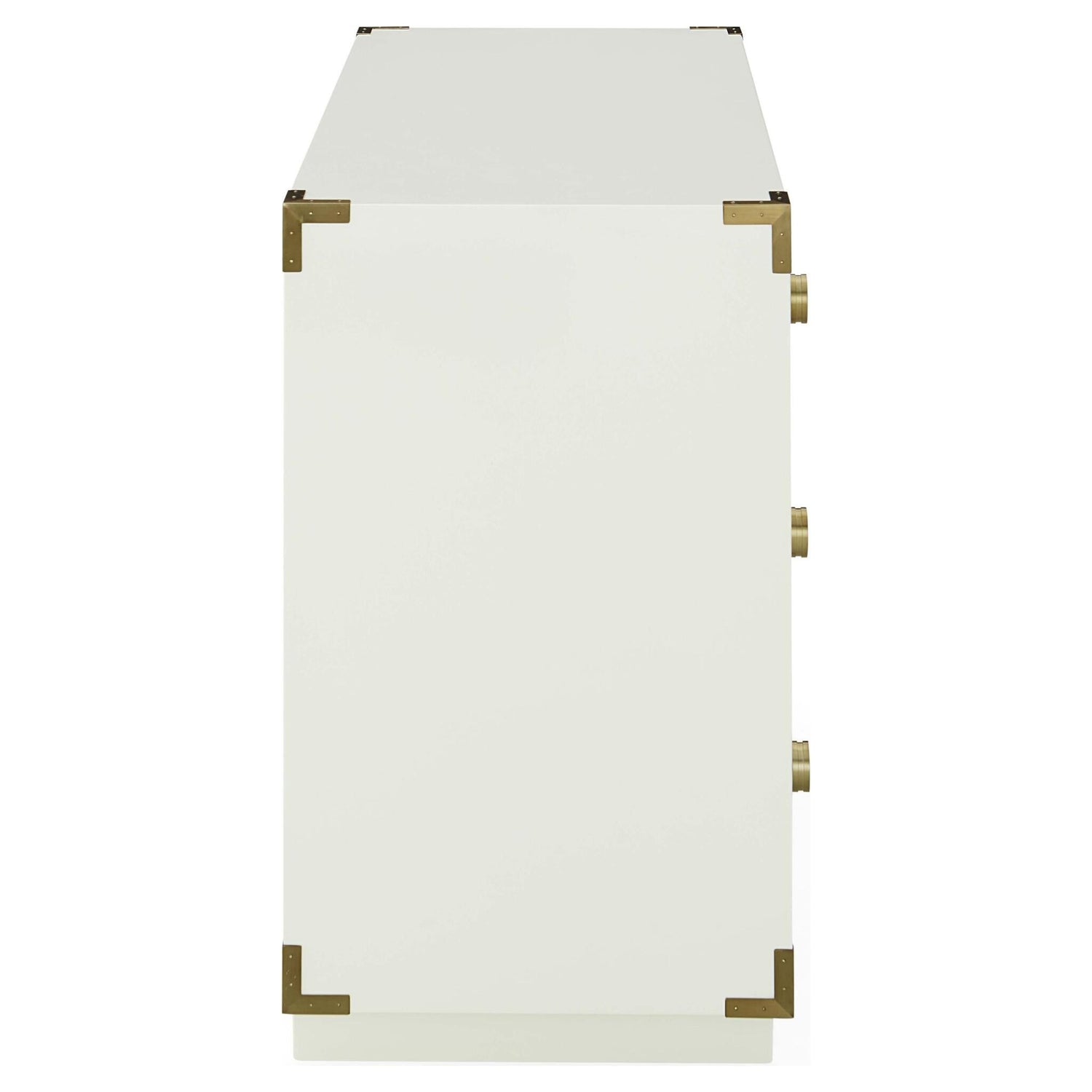 Die GALA CHEST Kommode von Jonathan Adler mit Hochglanzoberfläche und Messingdetails