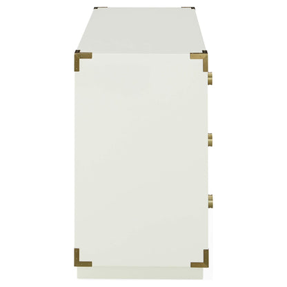 Die GALA CHEST Kommode von Jonathan Adler mit Hochglanzoberfläche und Messingdetails