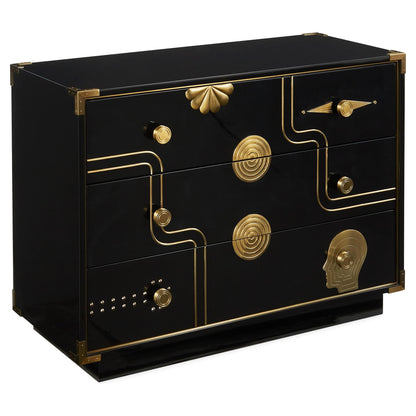 Schwarze Kommode mit dekorativen goldenen Messingapplikationen