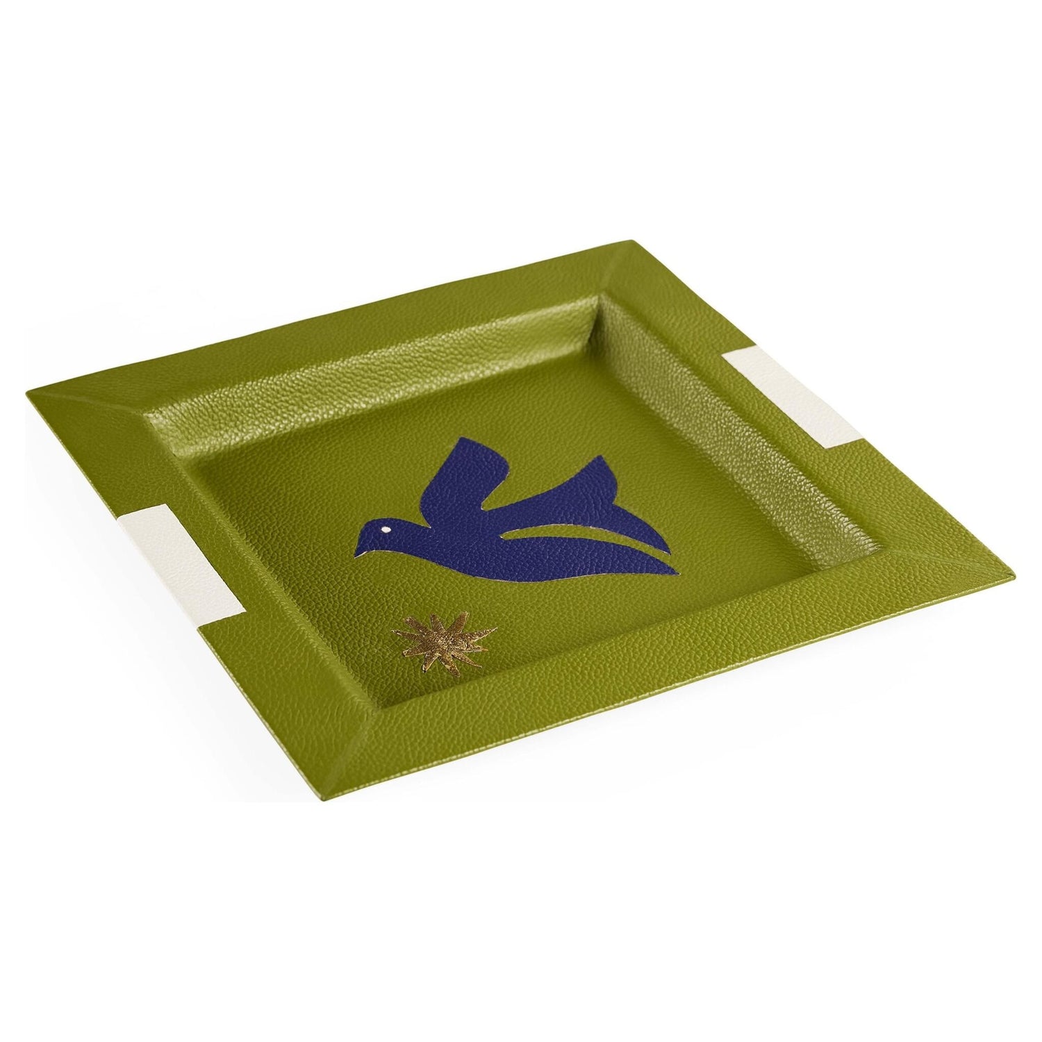 Vogel-Illustration aus Leder auf grünem Designer-Tablett