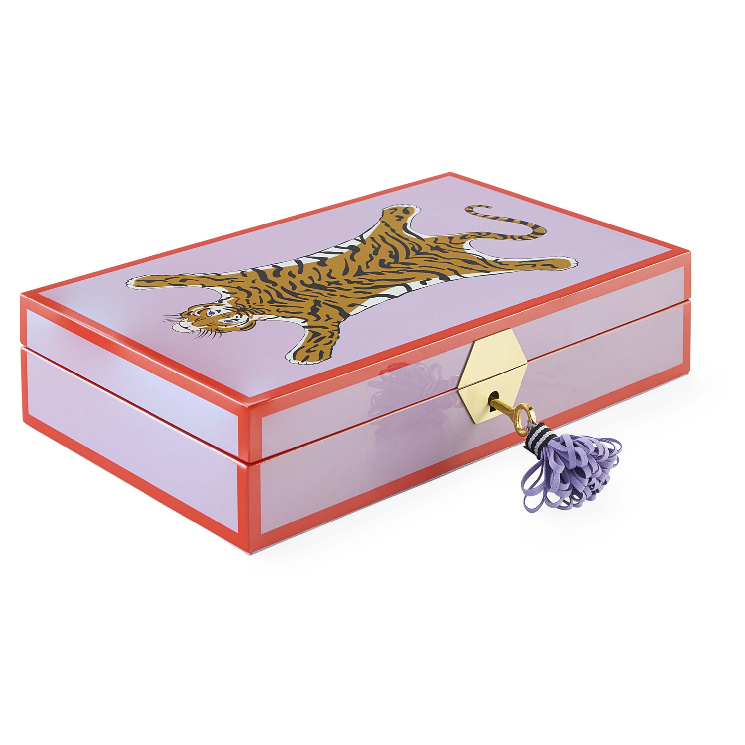 Hochglanz-Schmuckbox in Orange und Lavendel mit Tigermotiv