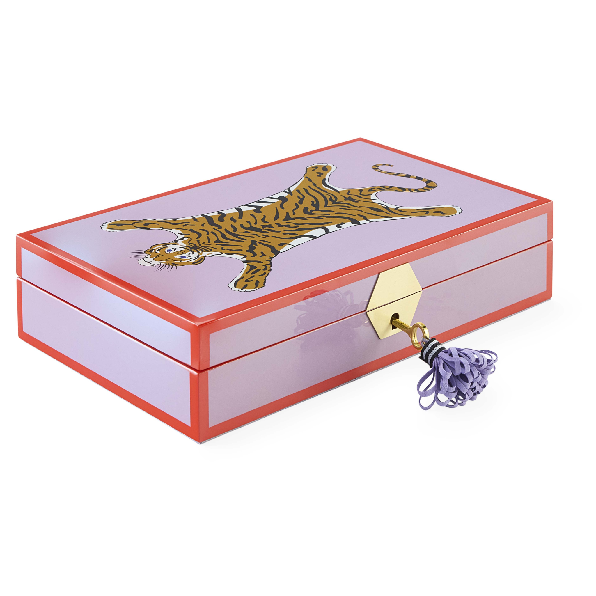 Hochglanz-Schmuckbox in Orange und Lavendel mit Tigermotiv