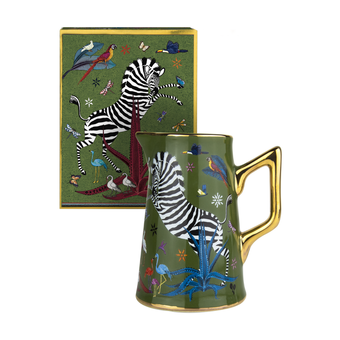 Mini-Karaffe Jug Ceramic Small Green mit goldenen Details und Jungle-Motiv von Ortigia Sicilia