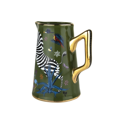 Keramik-Karaffe Jug Ceramic Small Green mit Zebra-Motiv und tropischen Elementen von Ortigia Sicilia