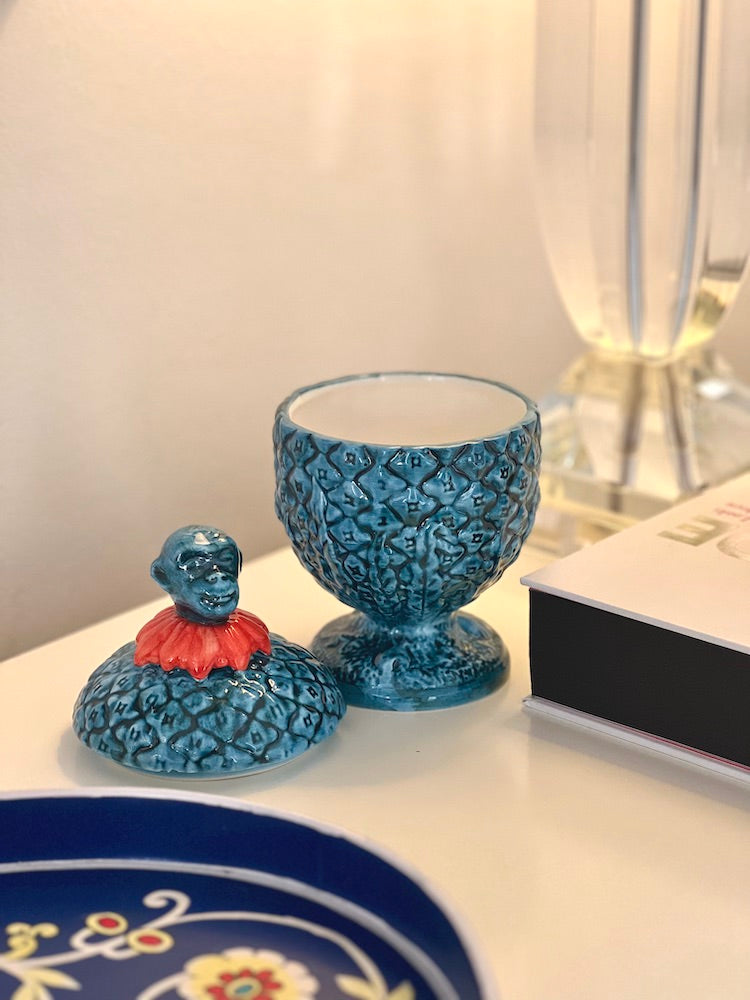 Keramikdose mit Deckel 'MONKEY BOX' blau