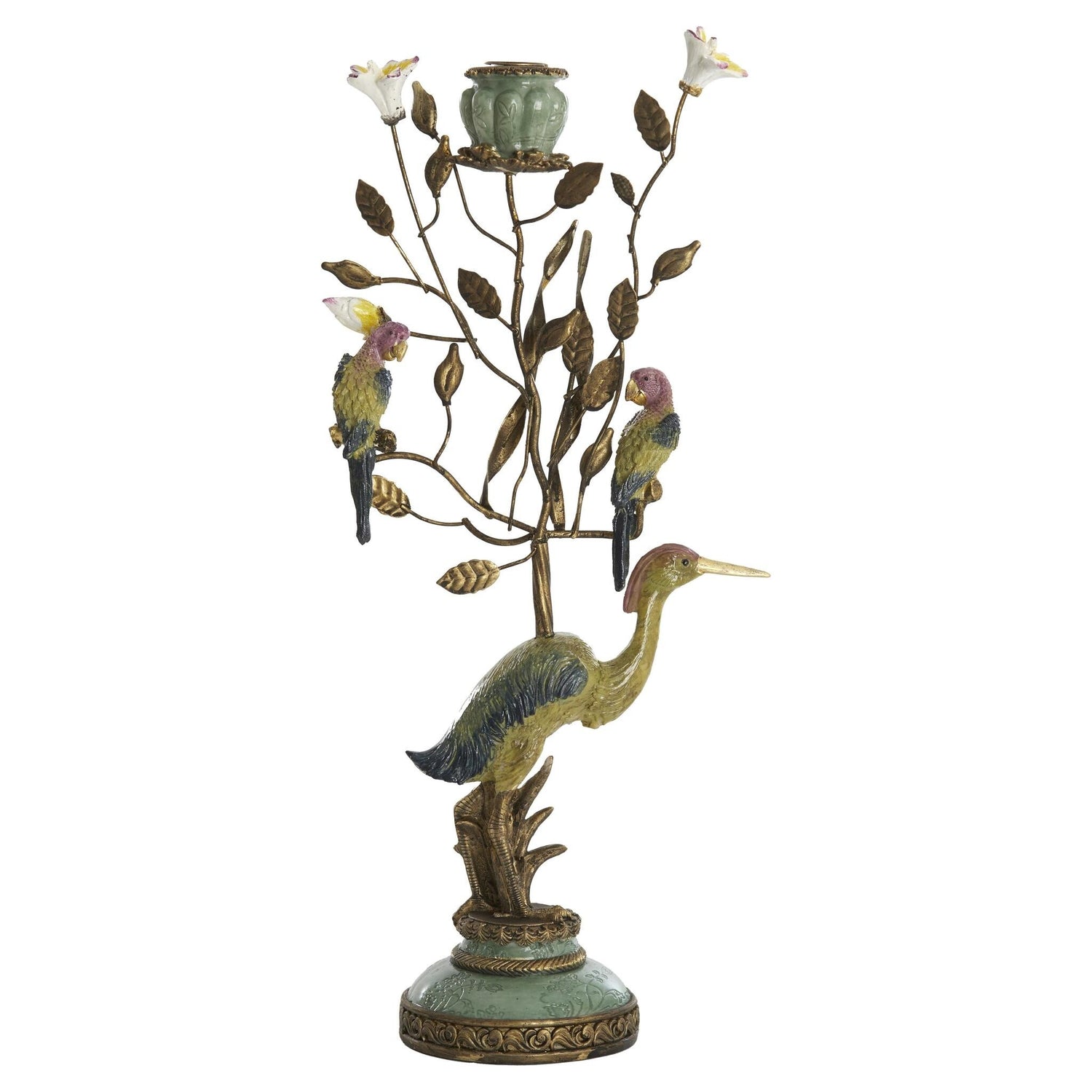 Dekorativer Kerzenhalter mit Reiherfigur und bunten Vögeln