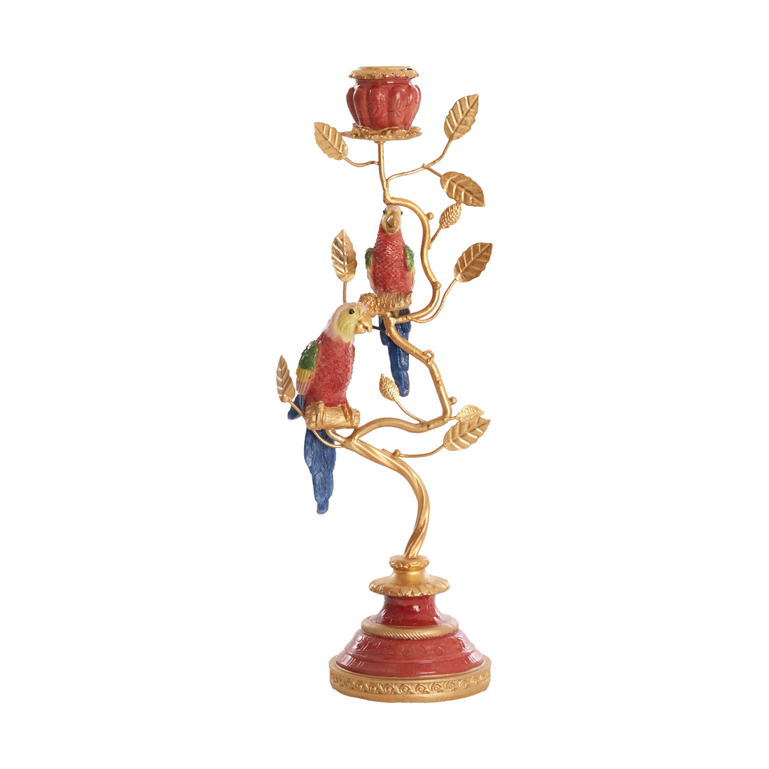 Kerzenständer aus Metall in Gold mit dekorativen bunten Vogelmotiven