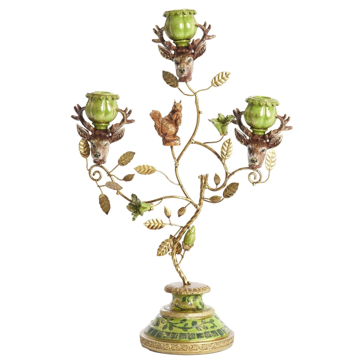 3-flammiger Kerzenständer aus Metall in Grün Braun Gold mit Vogelmotiv
