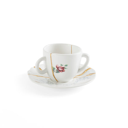 Kintsugi Kaffeetasse mit Unterteller mit Goldverzierung