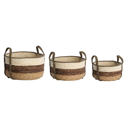 Korb KINSALE 3er Set – Ø 23 × 17 cm / Ø 28 × 20 cm / Ø 33 × 23 cm in natur, dunkelbraun, weiss