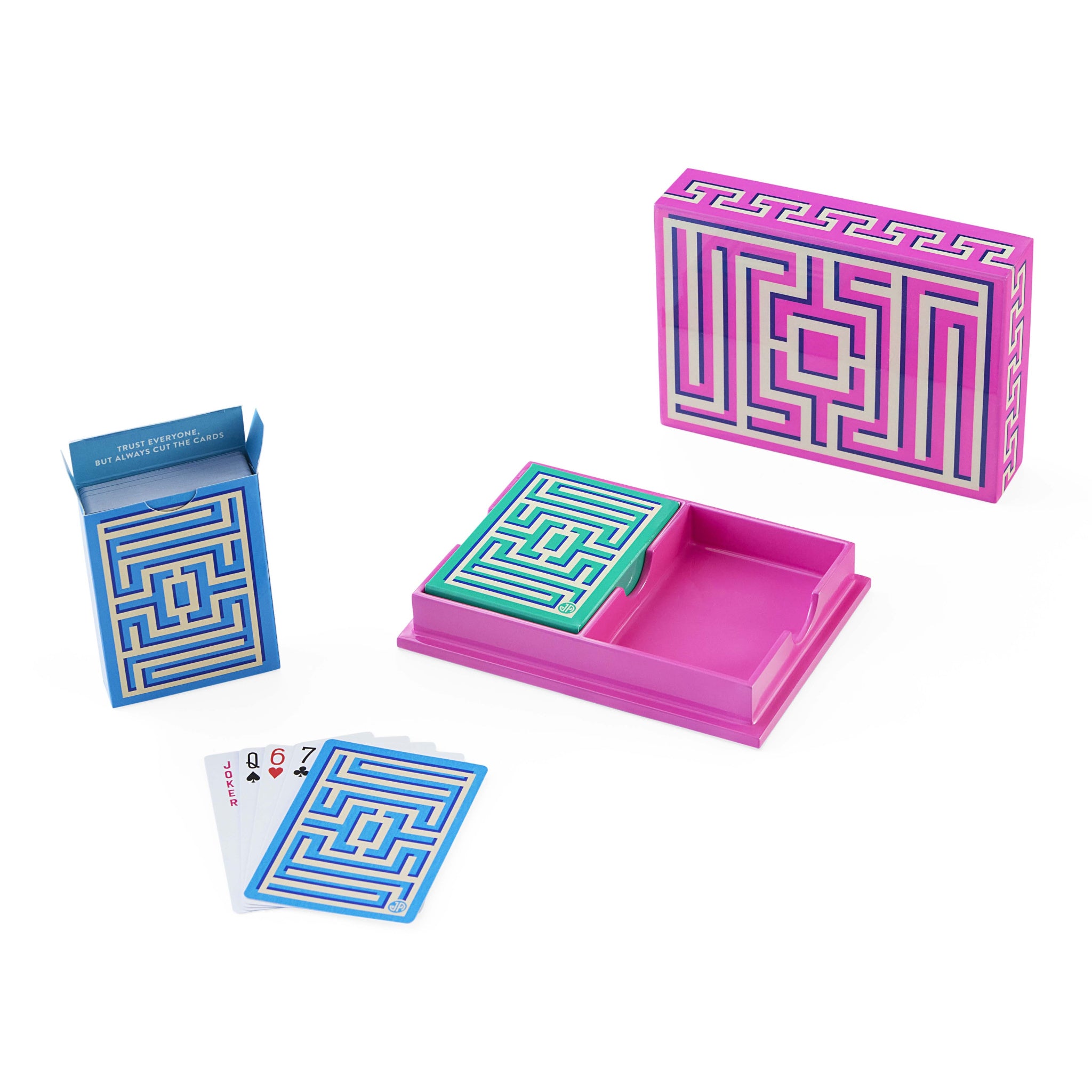 Neonfarbenes Kartenset in glänzender Labyrinth-Lackbox von Jonathan Adler