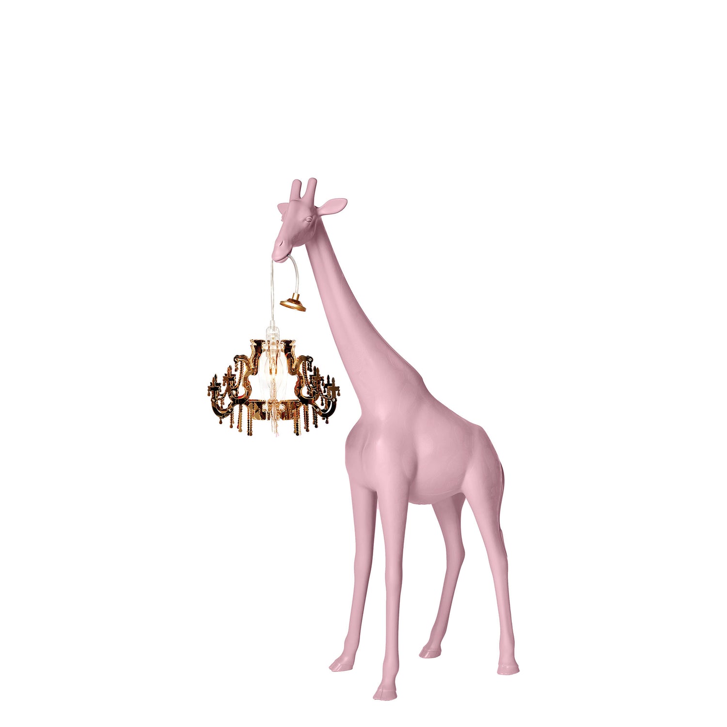 Stehleuchte GIRAFFE IN LOVE XS  in pink mit Kronleuchter, seitliche Ansicht