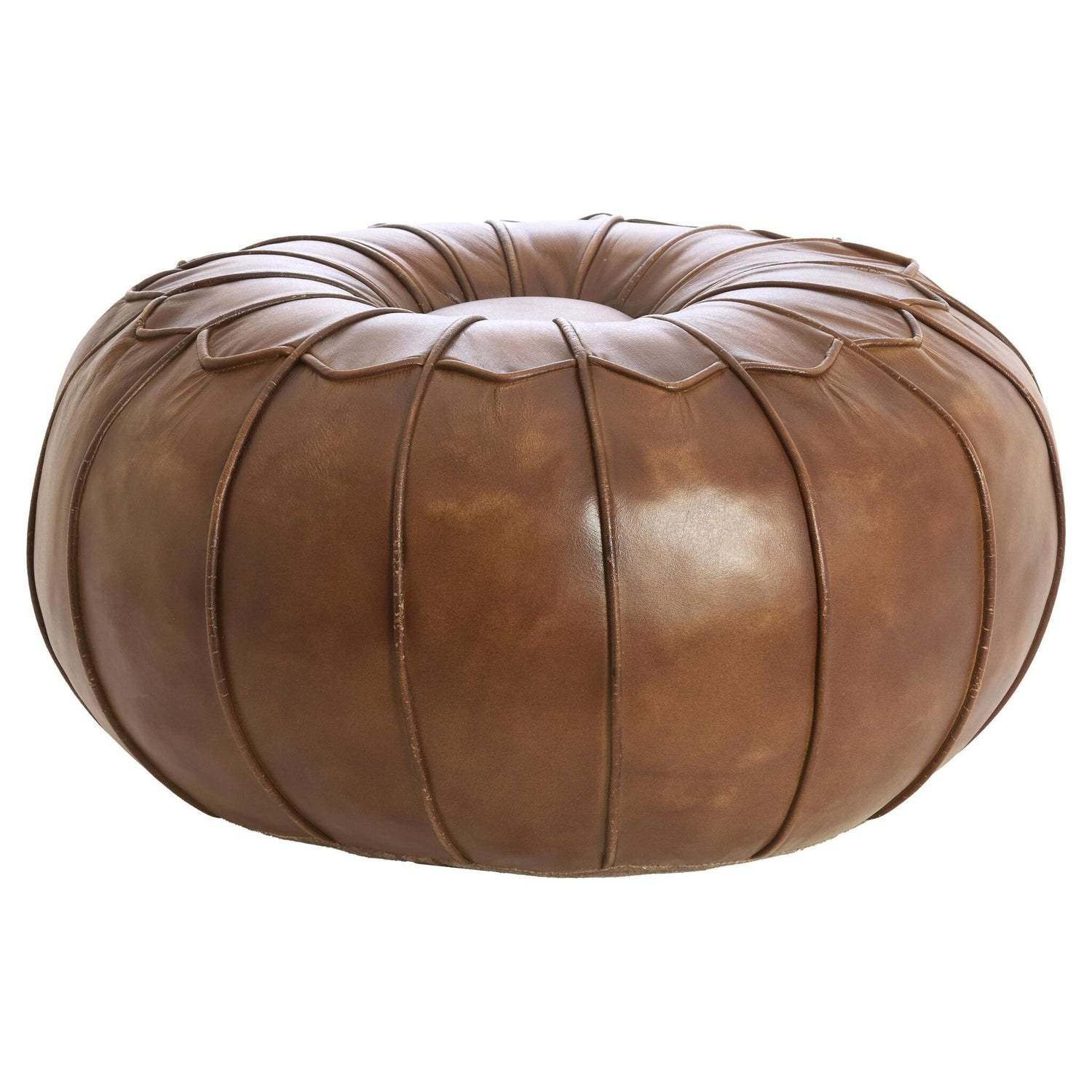Runder Sitzpouf aus braunem Leder mit dekorativer Steppung