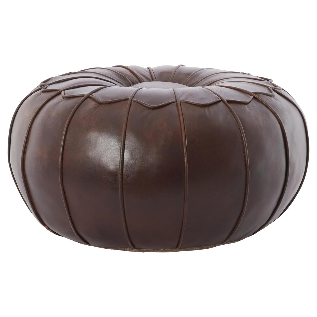 Runder Sitzpouf aus dunkelbraunem Leder mit Steppung