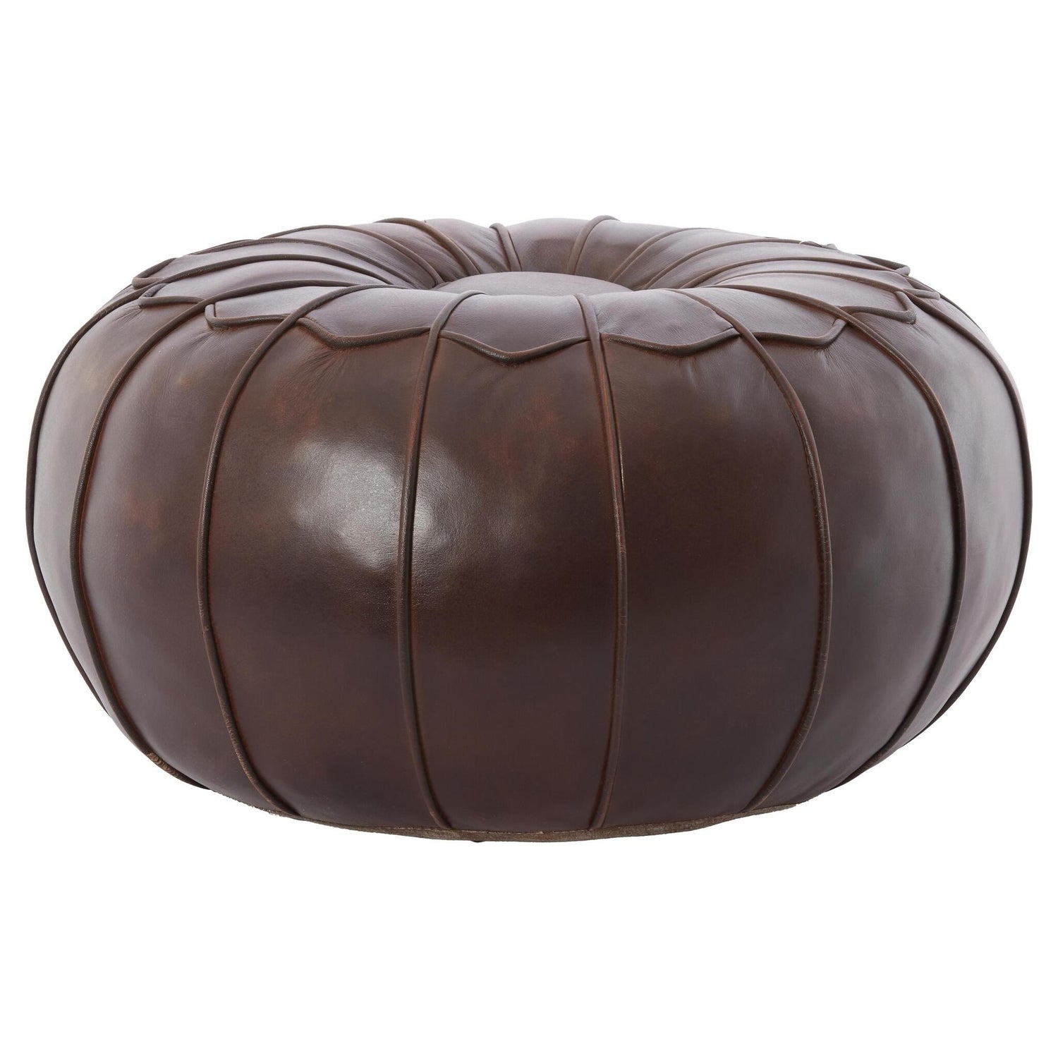 Runder Sitzpouf aus dunkelbraunem Leder mit Steppung