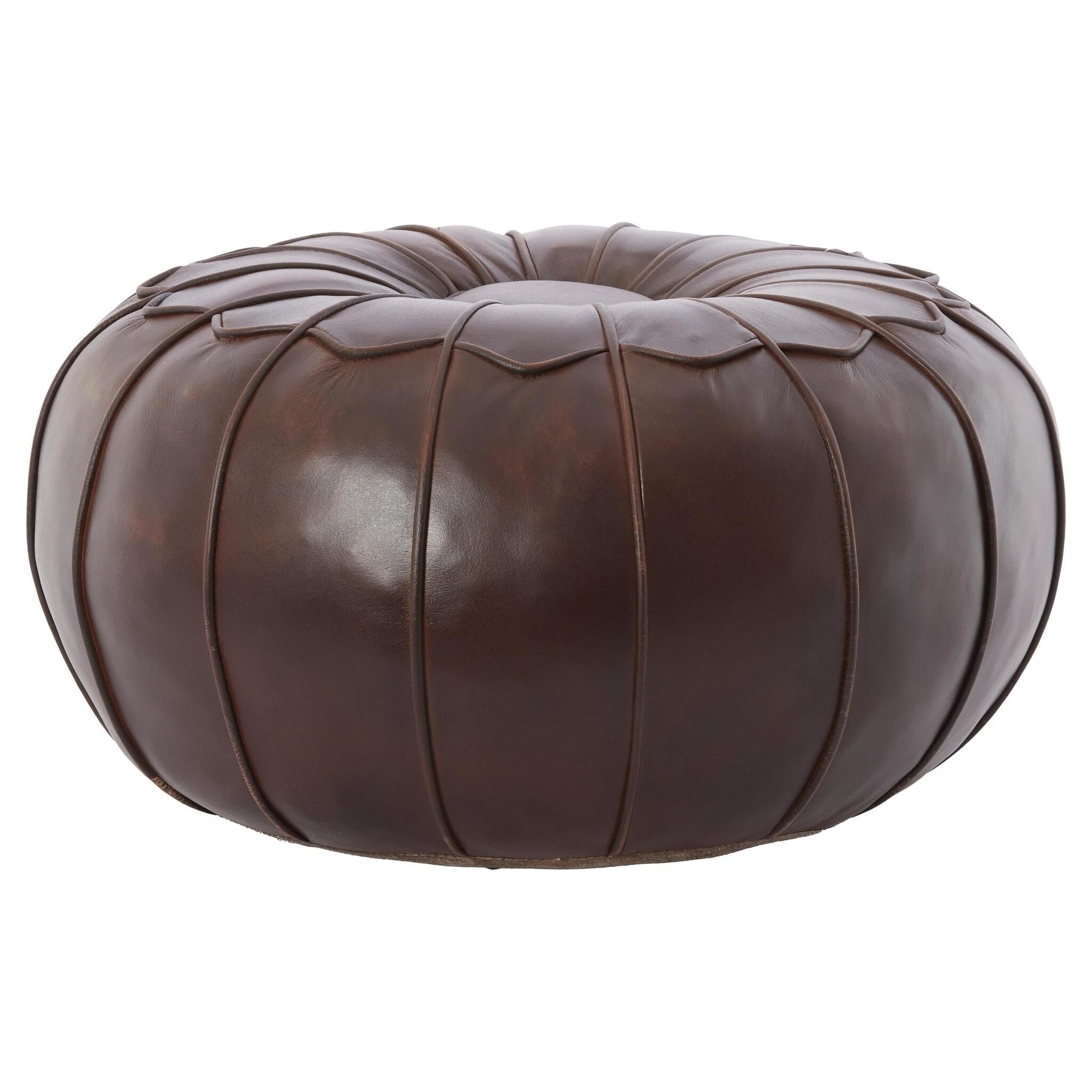 Runder Sitzpouf aus dunkelbraunem Leder mit Steppung
