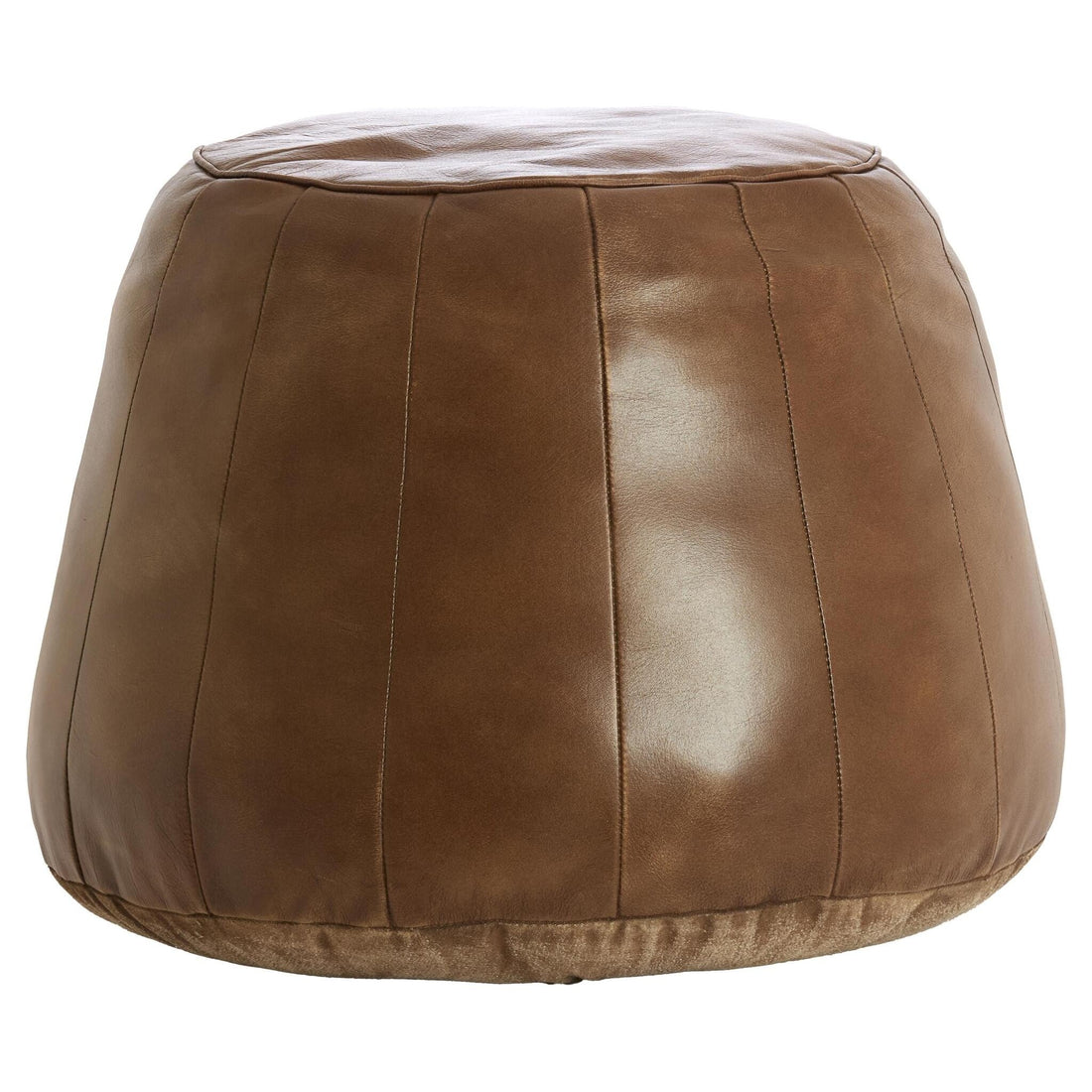 Runder Sitzpouf aus braunem Leder mit vertikalen Nähten