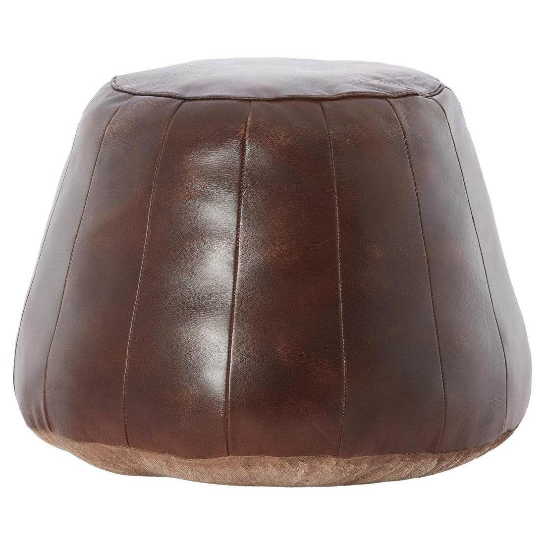 Runder Sitzpouf aus dunkelbraunem Leder mit vertikalen Nähten