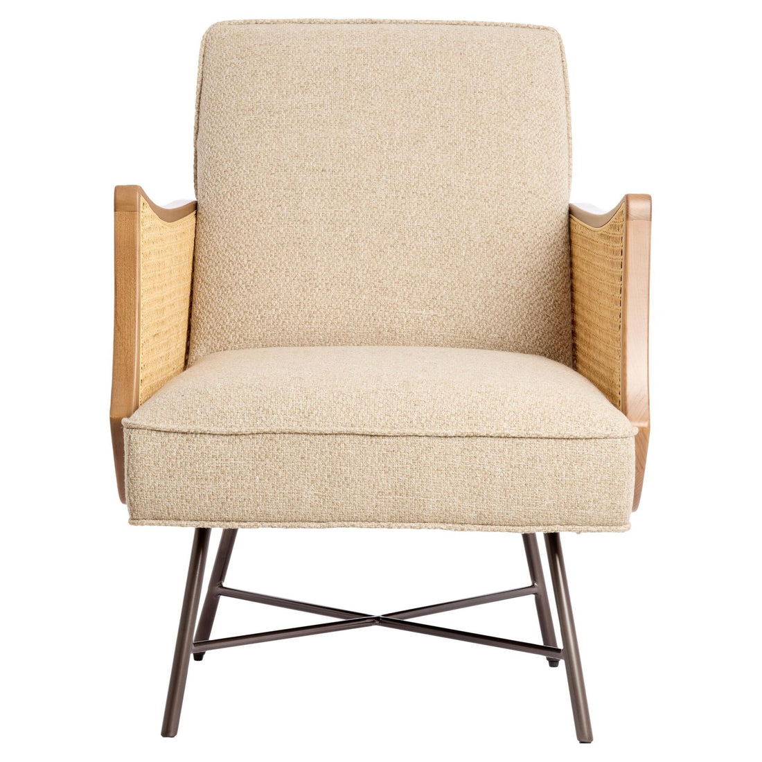 Beiger Loungesessel mit seitlichem Rattangeflecht und Metallgestell