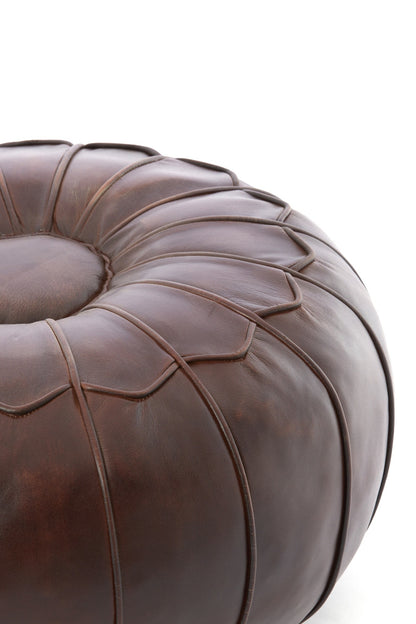 Rundes Sitzpouf aus Leder mit dekorativer Steppung