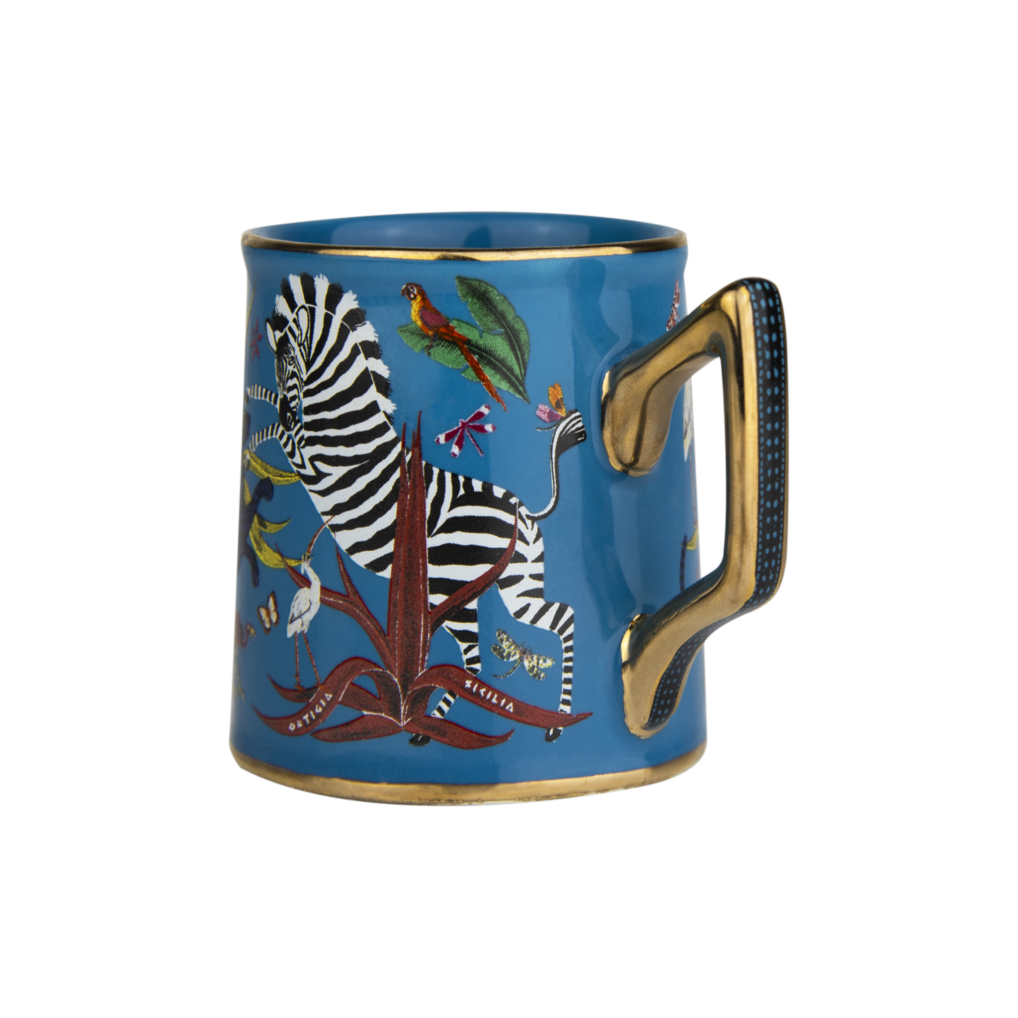 Tasse aus Italien mit Zebras, Vögeln und Pflanzen als Dekor