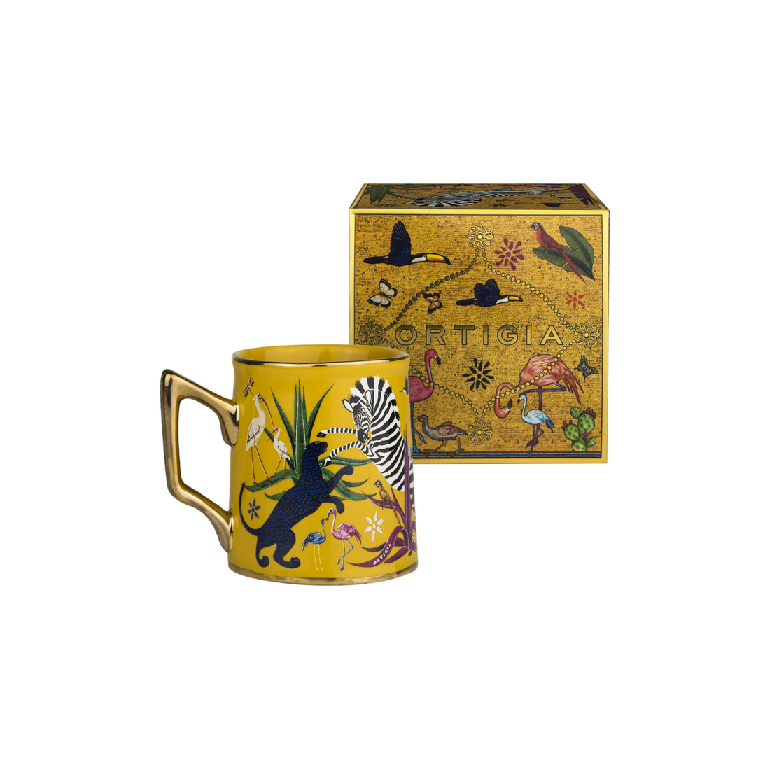 Gelbe Espressotasse mit exotischem Jungle-Motiv von Ortigia Sicilia