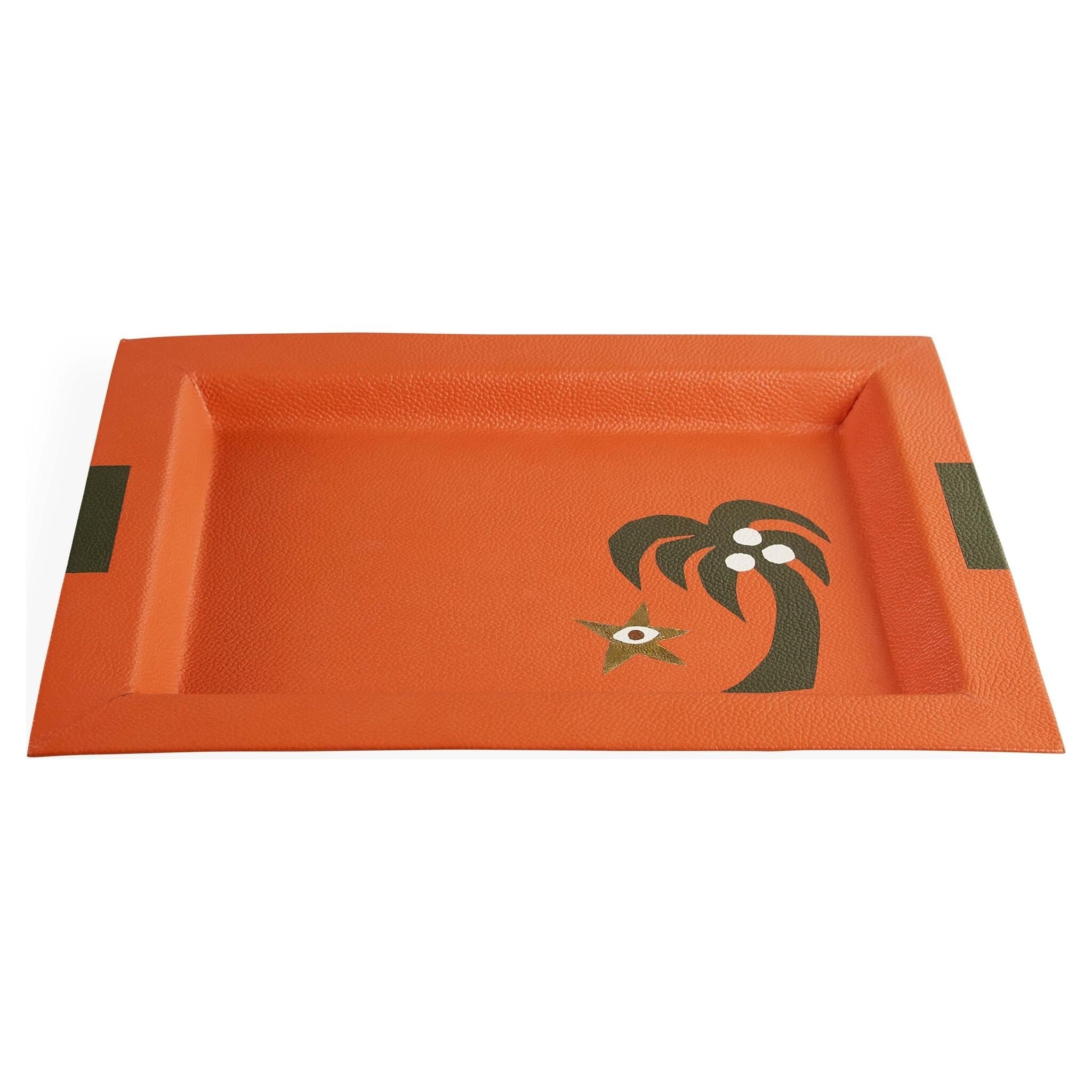 Orangefarbenes Leder-Tablett mit Palmen- und Sternfisch-Design