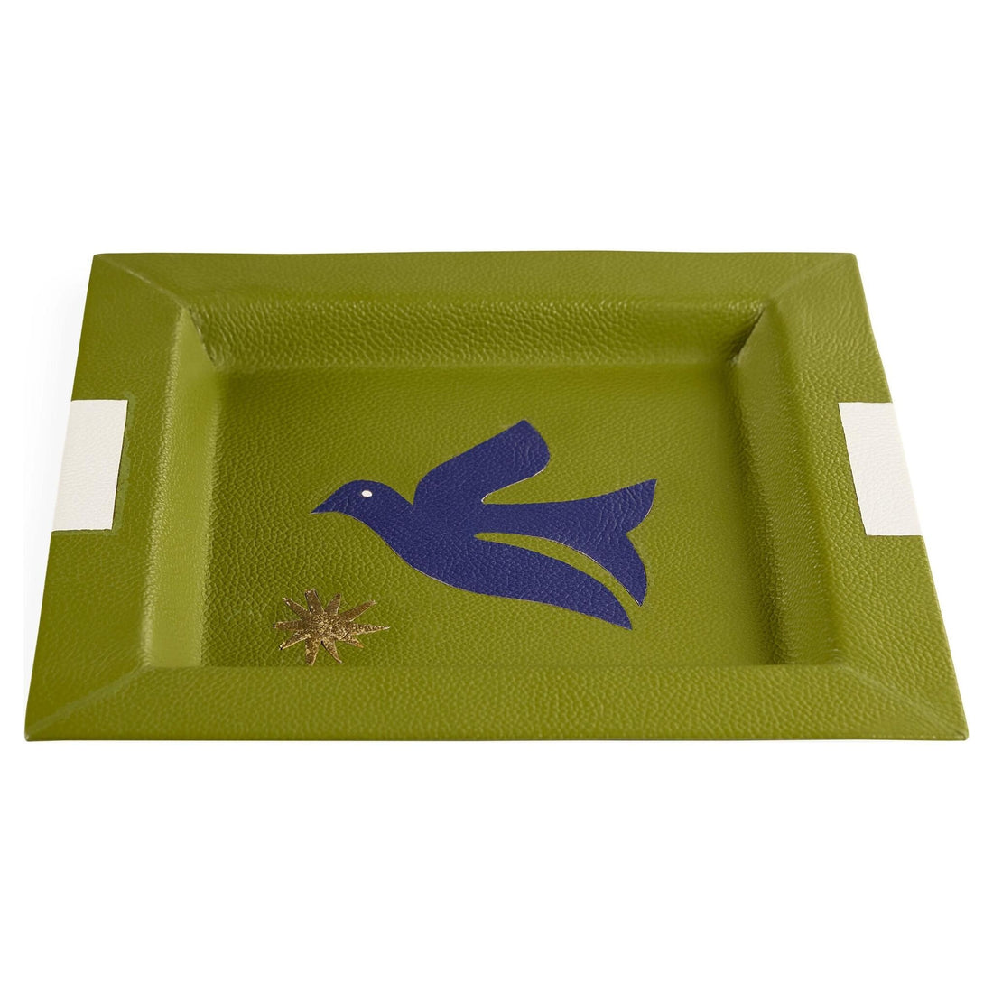 Leder-Tablett in Grün mit blauem Vogel und Goldstern