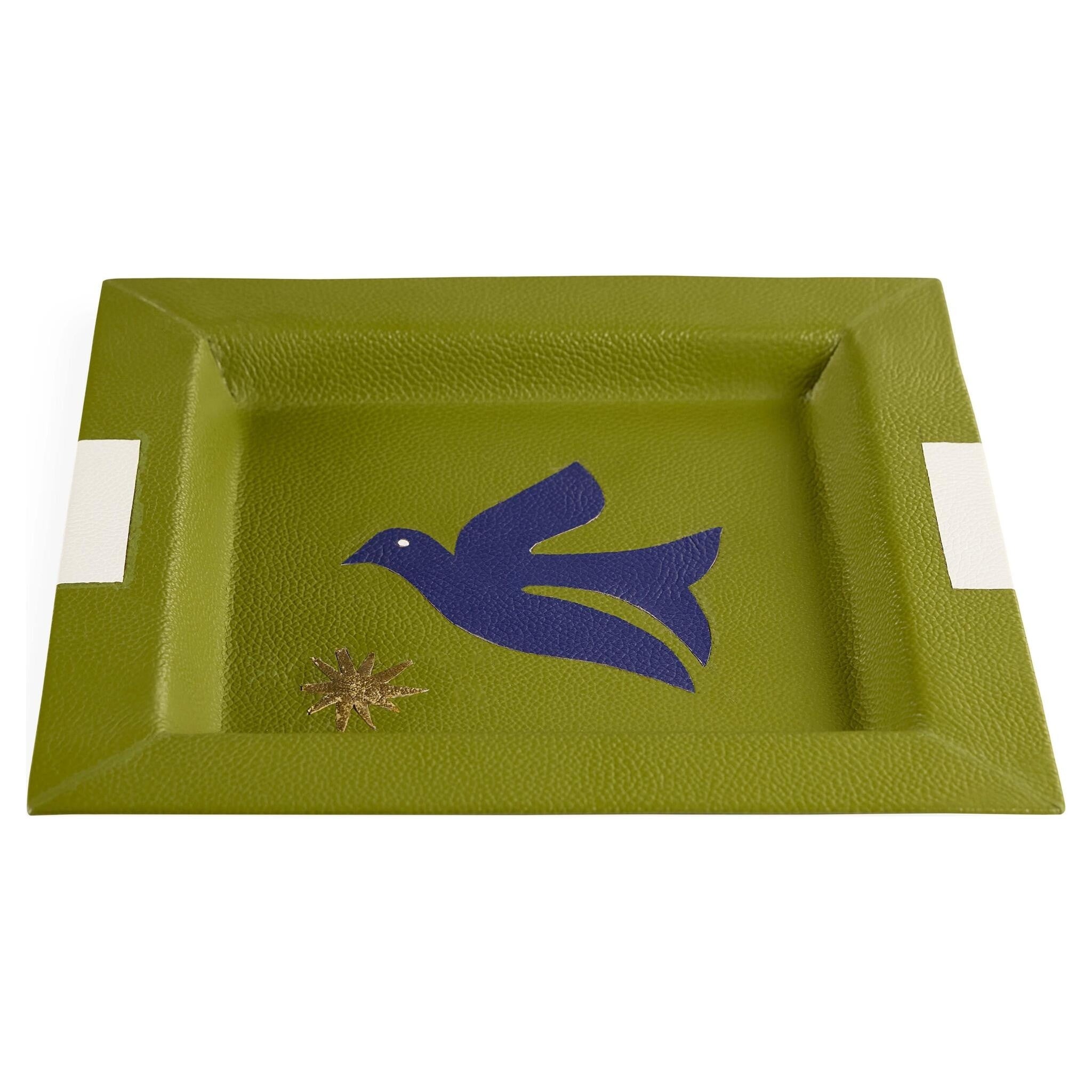 Leder-Tablett in Grün mit blauem Vogel und Goldstern